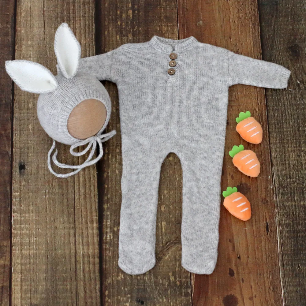 Newborn Photography Props Outfit Bunny Romper Knitted Baby Animal Jumpsuits Baby Photo Shooting Accessories