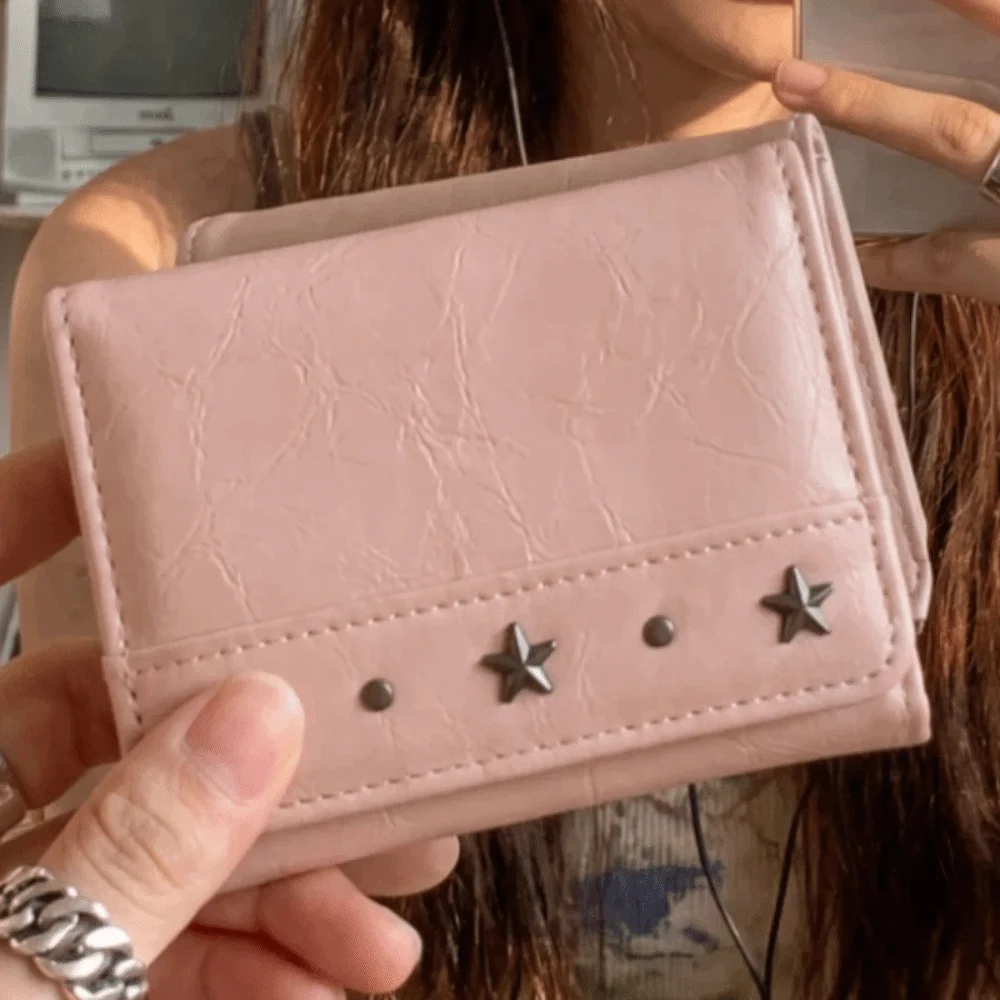 Vintage Style PU Star Rivet Trifold Wallet Compact Size Multiple Slots Coin Pocket Large Capacity Solid Color Cash Wallet Travel