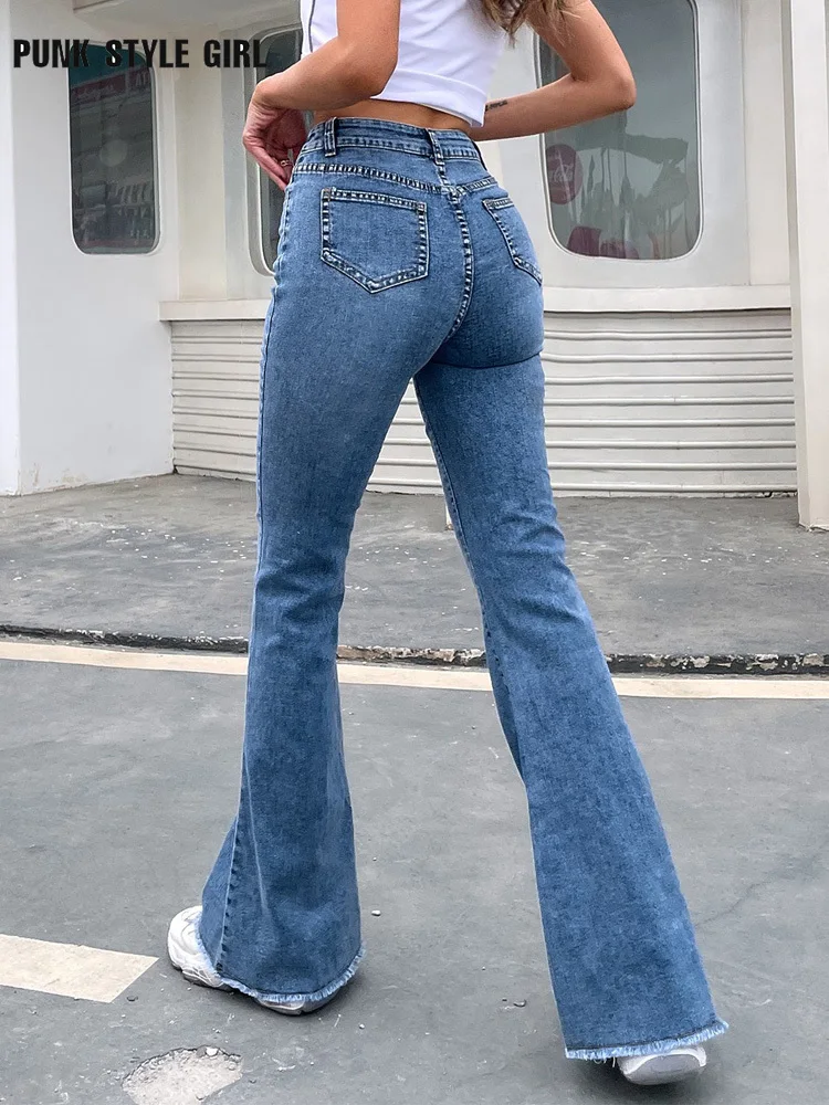 2024 Fashion Button Fly Women's Raw Hem Flare Jeans Kpop Casual Woman Denim Pants Jean Femme High Waist Full Length Slim Jeans