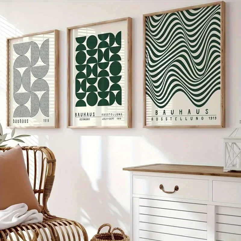 

3pcs/Set Abstract Green Bauhaus Geometric Art Canvas Poster Exhibition Print, Modern Living Room, Room and Home Decoration