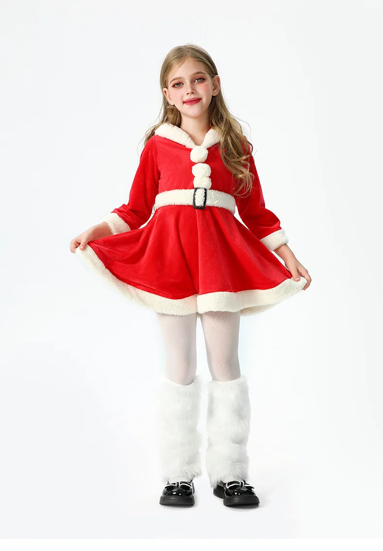 Weiches Samtkleid für Kinder mit Weihnachtsmann-Motiv, Kapuze, Weihnachtskostüm, Weihnachtsfeier, Bühnenauftritt, Show, Cosplay, Rock, Outfit – Detail 12