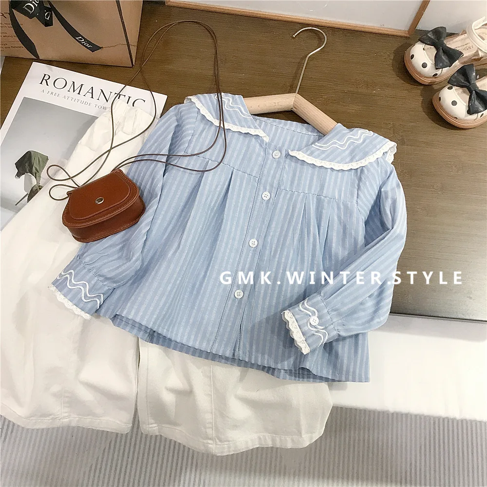 

Комплект детской одежды RAISE: хлопковая блузка с полосками и воротником-стойкой для девочек, синяя, и белые широкие брюки для малышей