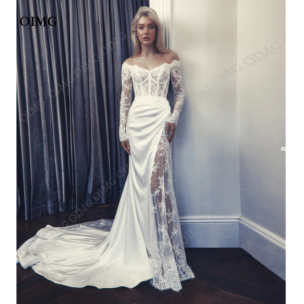 

OIMG Ｍodest Lace A Line Full Lace Wedding Dresses Appliques Off Shoulder Long Sleeves Sweep Train Bridal Gowns Robe de mariage