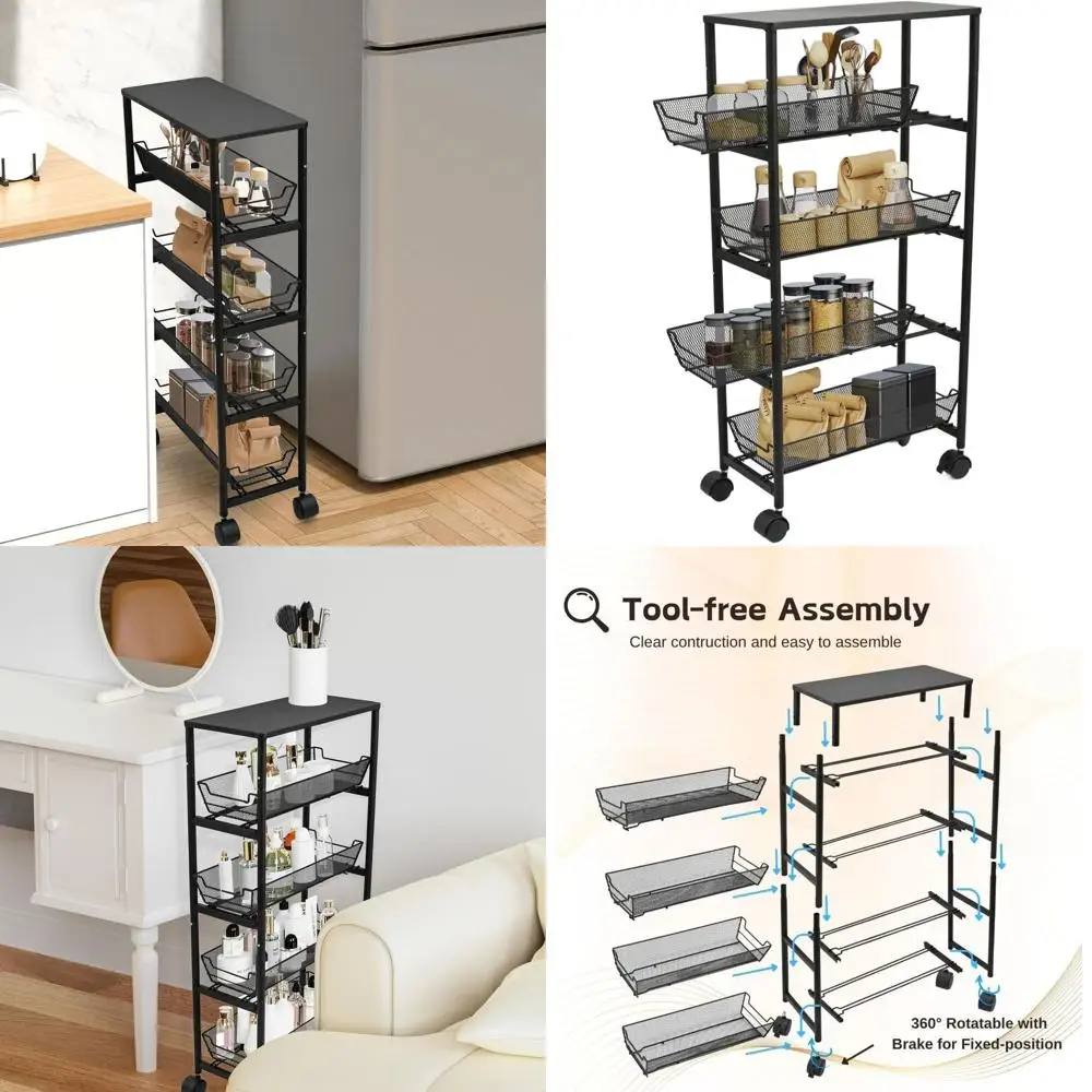

5-ярусная передвижная тележка для хранения с 4 сетчатыми корзинами для кухни, ванной и прачечной (черная)