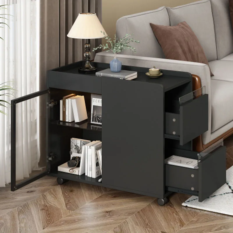 

Modern End Table with LED light and Wheels, Side Table with Transparent Brown Glass Door, 2 Storage Shelves and Drawers, Black