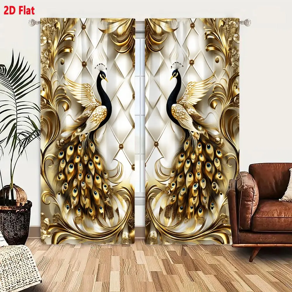 2Pcs Curtains 2D Flat Ornate Symmetrical Artwork Two Peacocks White Quilted Background Gold Decorative Border Iridescent Blue-Bl