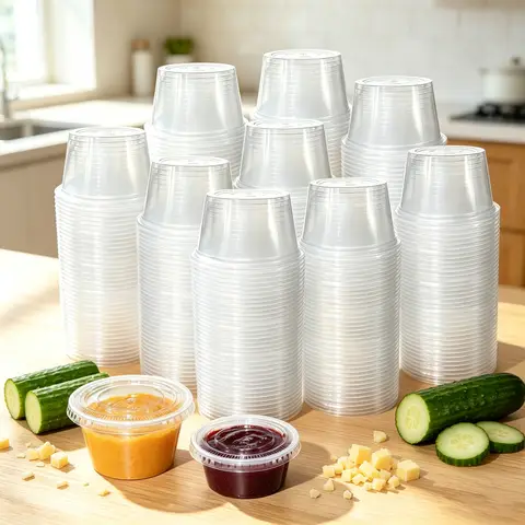 100 Sets of Disposable Clear Plastic Sauce Cups - 2 oz/4 oz, Microwave and Freeze Safe, Leak-proof, Portable Dip Cups for BBQ, Meal Prep, Catering, Restaurants, Lunch, Picnics and Everyday Kitchen Use