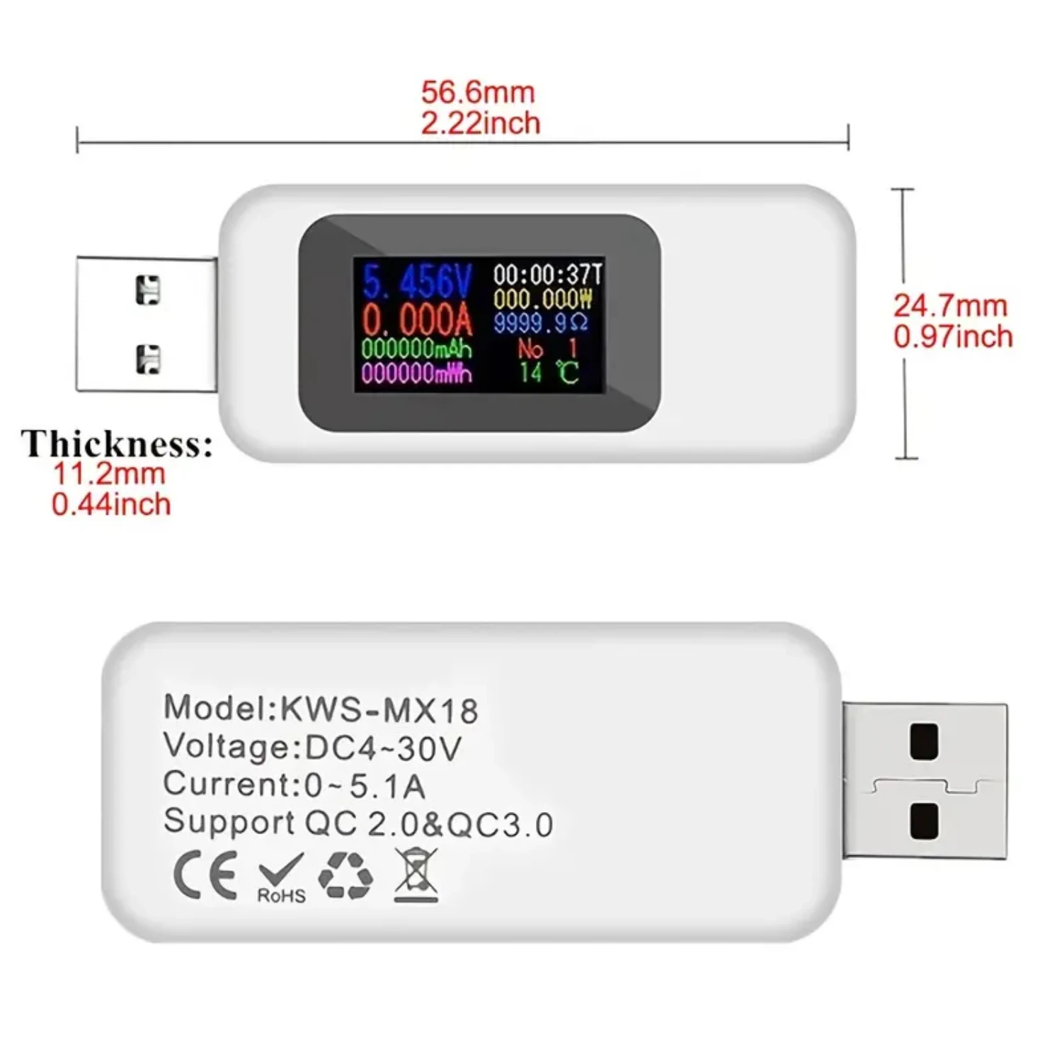 MX18 DC Type-C Color Display USB Tester 0-5A Current 4-30V Voltage USB Charger Tester Power Meter Mobile Battery Detector