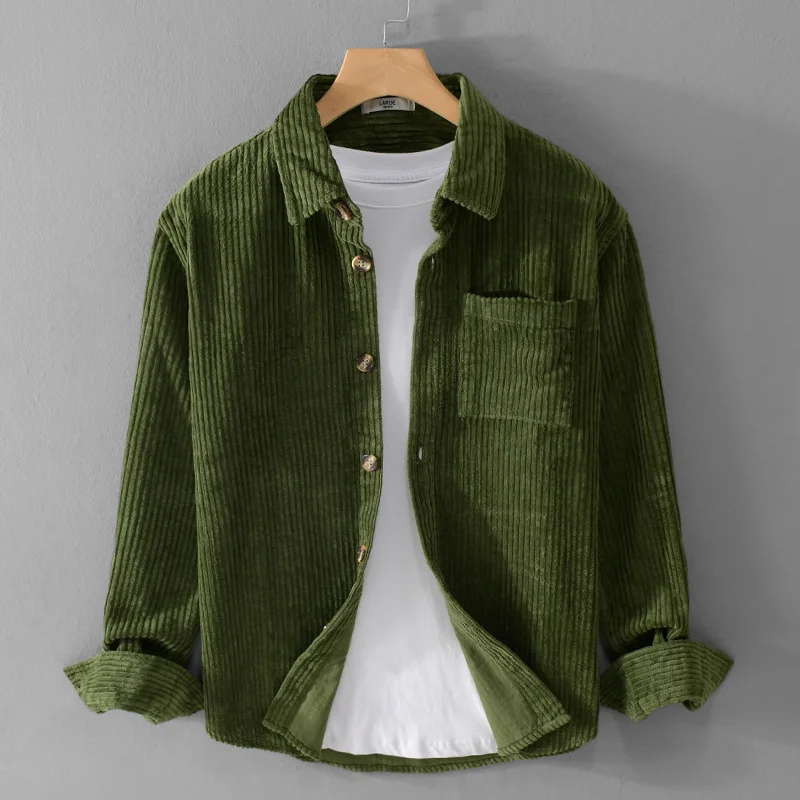 #7609 Blue Green Khaki Corduroy Shirt Men Loose Pockets Outerwear Vintage Cargo Shirt Male Long Sleeve Thick Men\'s Shirt Winter