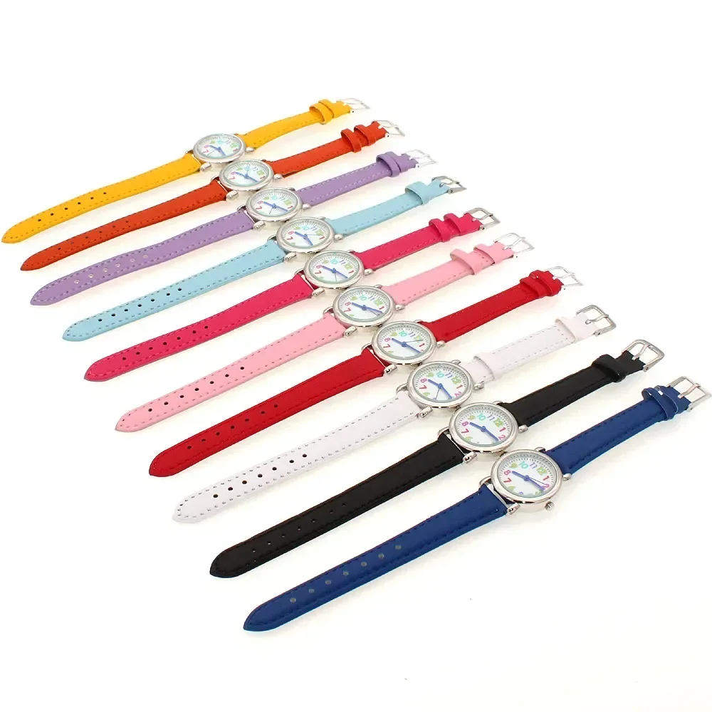 10Pcs Kids Quartz Wristwatch Classic Style Fashion Leather Strap Boys And Girls Student Dial Watches