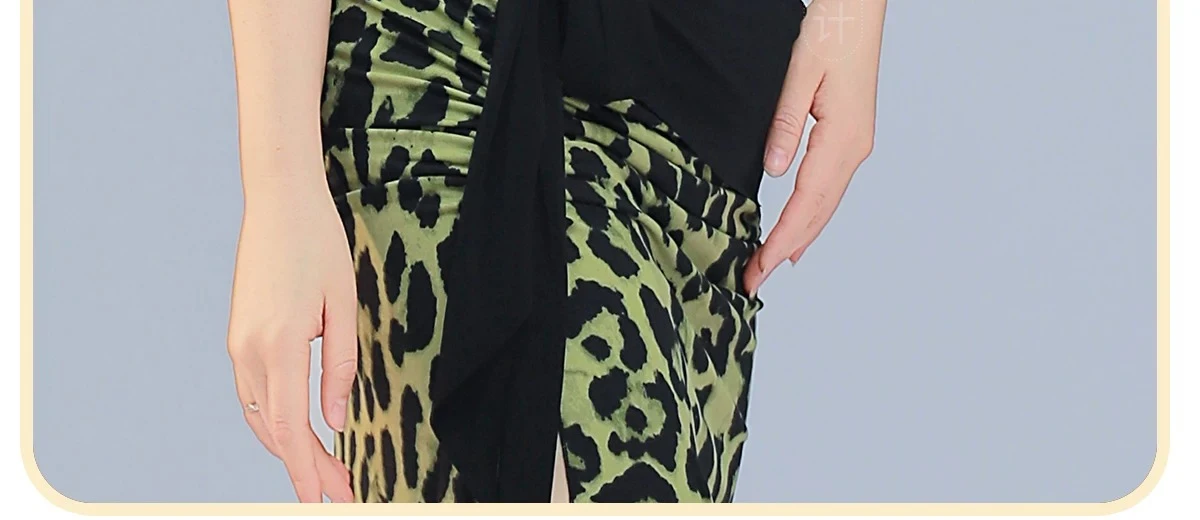 Bauchtanz-Übungsset mit Leopardenmuster, kurzärmeliges Oberteil + sexy langer Rock mit Schlitz, 2-teiliges orientalisches Tanzkostüm für Tänzerinnen – Detail 4