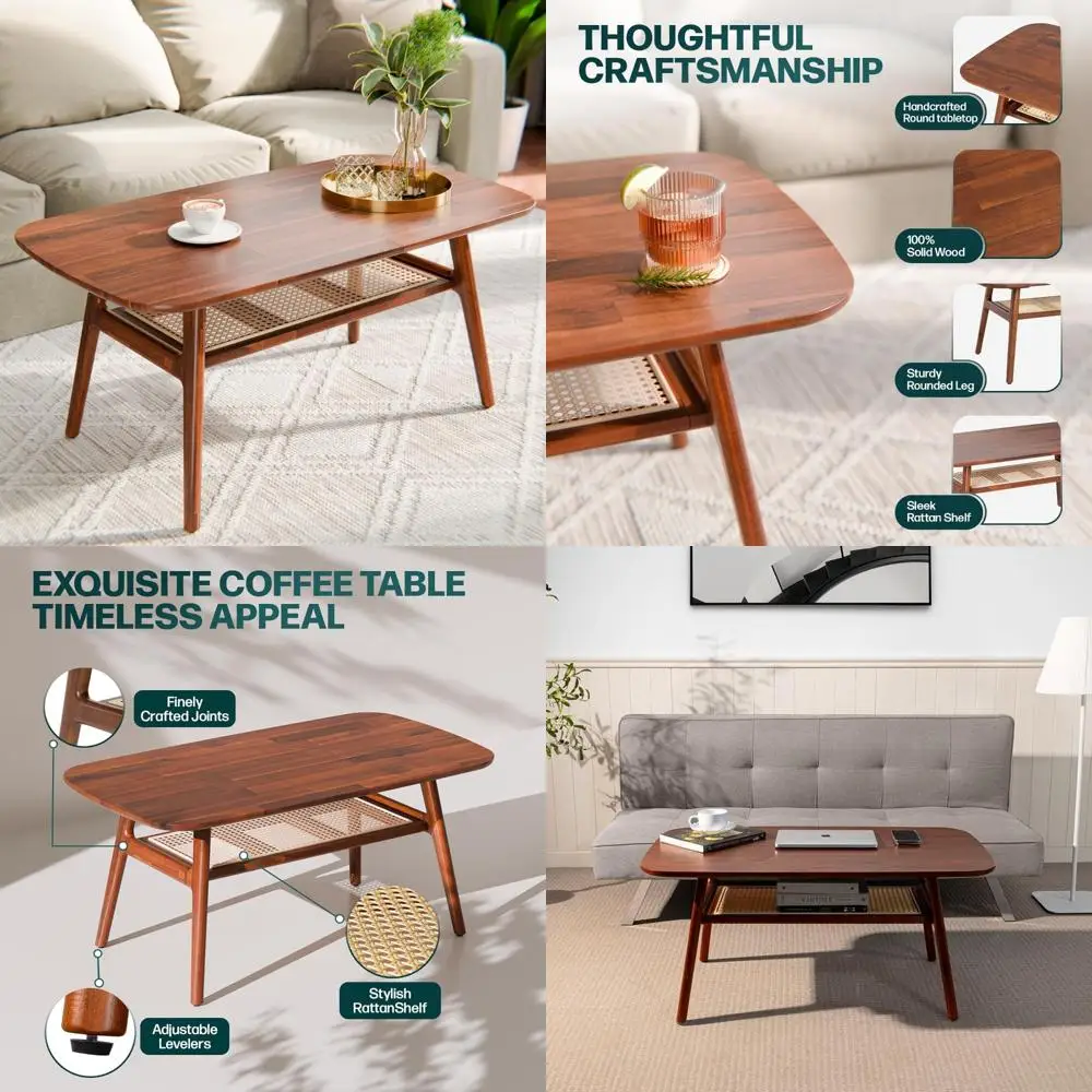 

Bme Nancy Solid Acacia Wood Coffee Table for Living Room, Spacious Oval-Shaped 237 Lbs Top Capacity, Rattan Shelf Below, Mid Cen