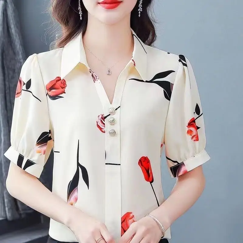 Women Summer New Style Fashion Printing V-neck Short Sleeve Chiffon Shirt Women Clothes Casual Simplicity Temperament Thin Tops