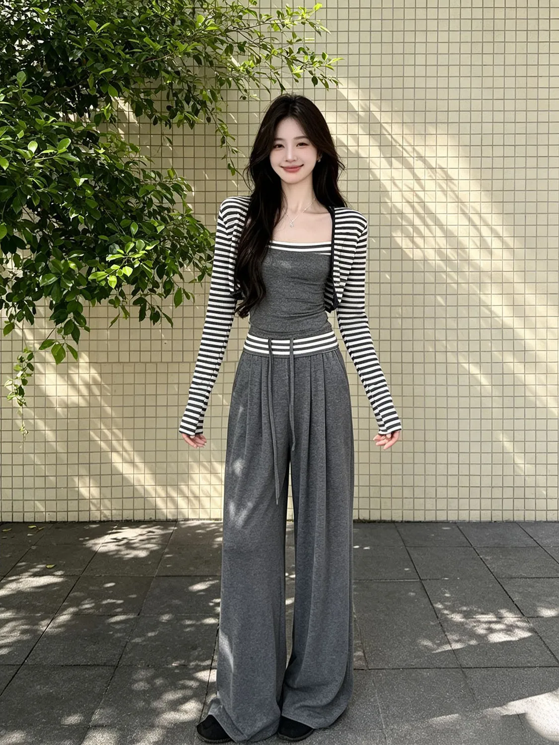 Casual Striped Tube Top Vest Open Cardigan High Waist Pants Three Piece Set Color Block Early Autumn New Korean Style Women's...