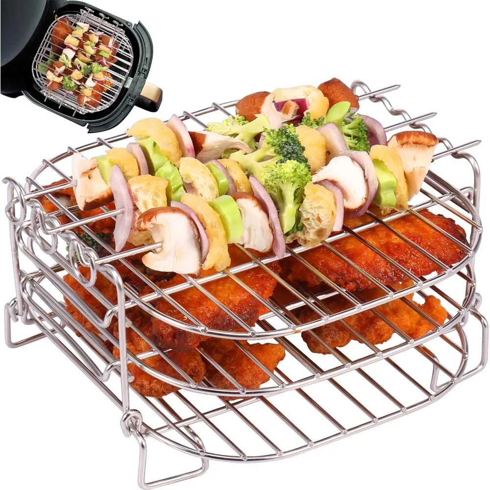 Support de friteuse à Air 3 en 1 avec 5 brochettes de Barbecue, gril empilable en acier inoxydable