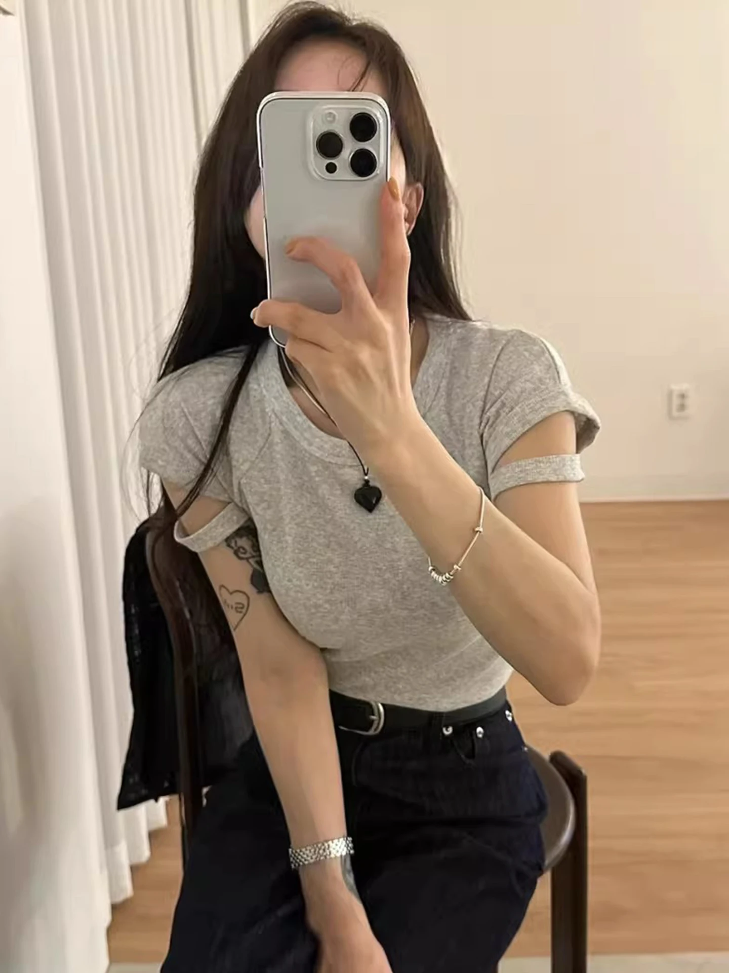 Sweet And Cool Style Short Sleeve Slim Fit Women's T-shirt with Arm Hollow Design Versatile Top for Spring Season