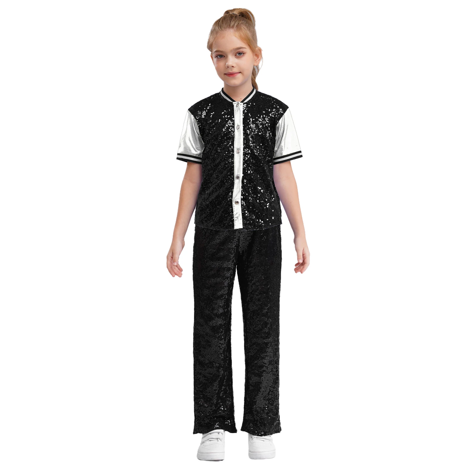 เด็กหญิงชุดเต้นรําแจ๊สแฟชั่น Childs Glittery Sequins Disco Hip-Hop ชุดเด็กแขนสั้น Streetwear ชุด