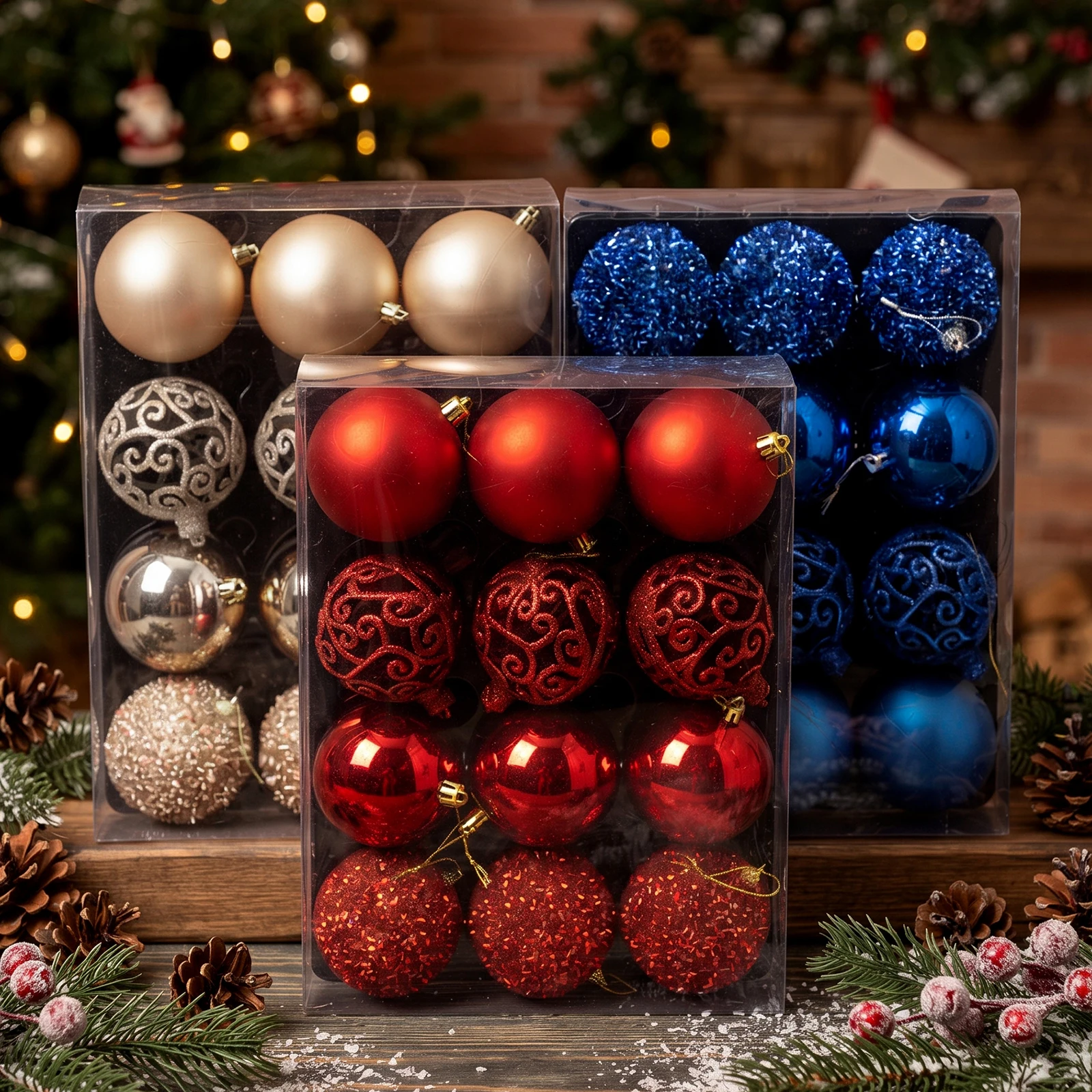 12Pcs 8Cm/3.15In Large Christmas Ball Ornaments, Shatterproof Hollow Filigree Glitter Shiny Matte Xmas Tree Hanging Baubles, Red