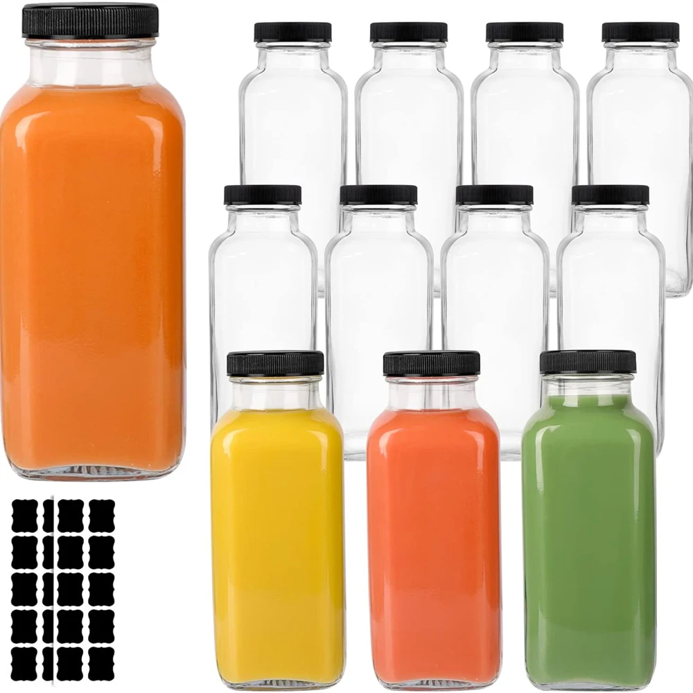 Botellas de vidrio de 300 ml para jugo con tapas, frascos cuadrados reutilizables para jugos, leche, kombucha, botella octogonal vintage para jugo