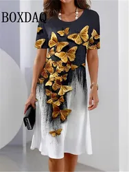 Women's Loose Sundress Floral Butterfly Vintage Dress Summer Party Fashion Casual Dresses O-Neck Dress Vestido Pullover For Lady