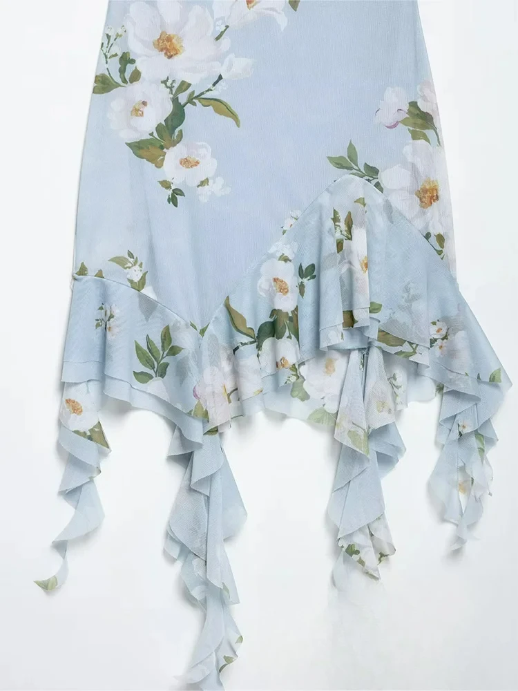 KONDALA elegante Casual mujer Cami vestido estampado sin espalda asimétrico con volantes Mini Vestidos nueva moda 2025 vestido de playa de vacaciones de verano