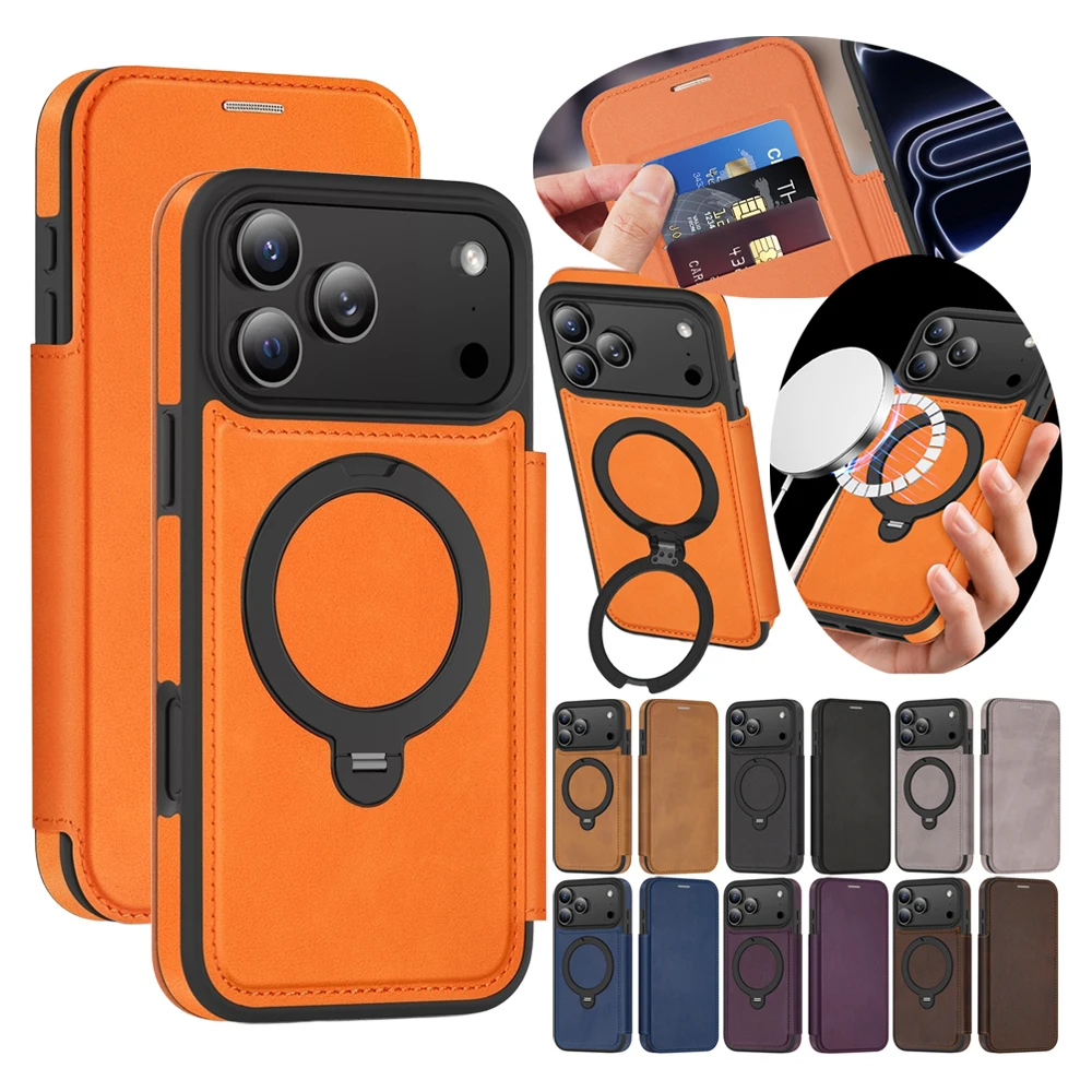 

Кожаный чехол с подставкой для iPhone 17 Promax Air 16 Promax 15 Plus 14 13 12 Magsafe, слоты для карт, держатель для карт, чехол для телефона
