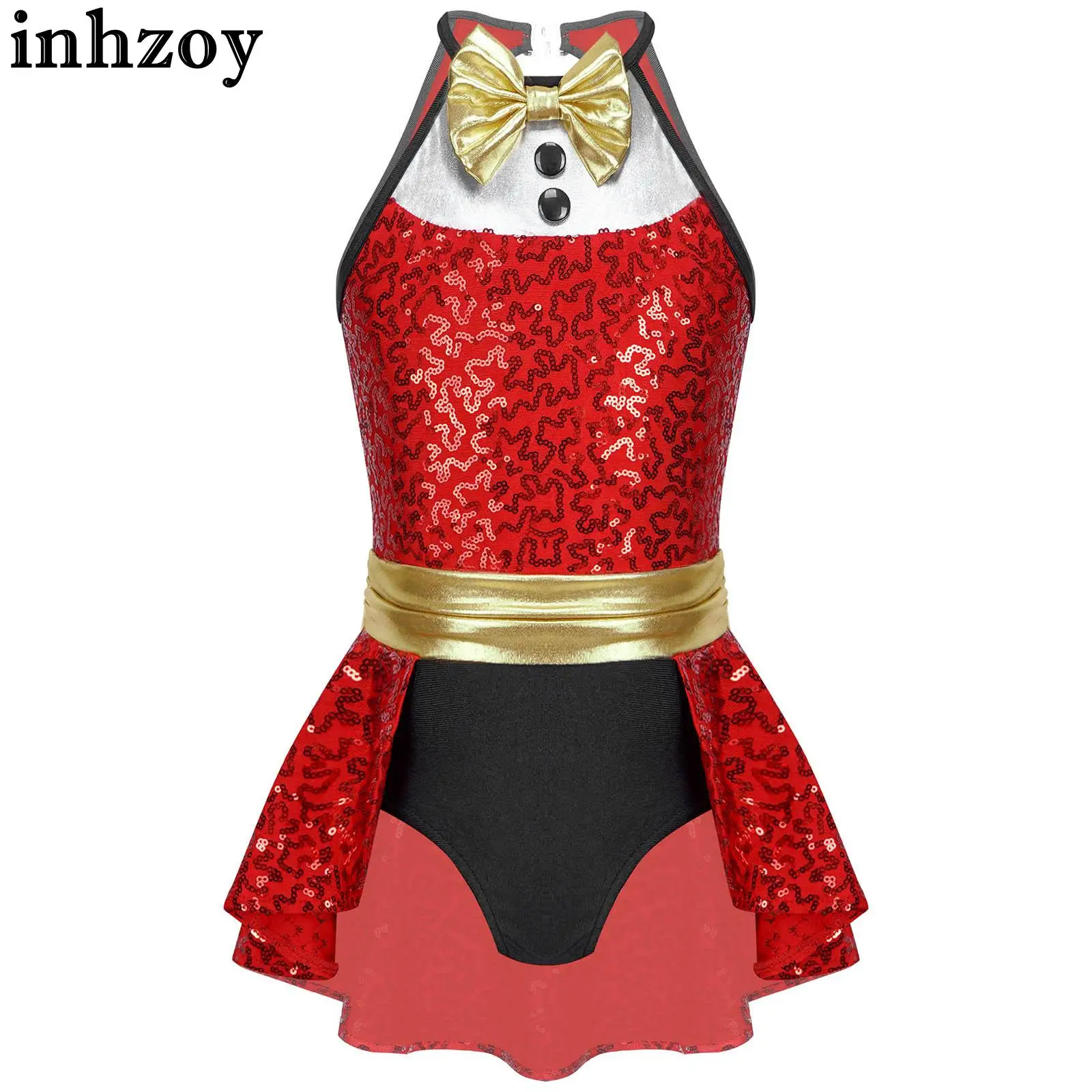 

Kids Shiny Sequins Tuxedo Leotard Dress Ice Skating Stage Performance Christmas Costume Cutout Back Patchwork Dance Dress