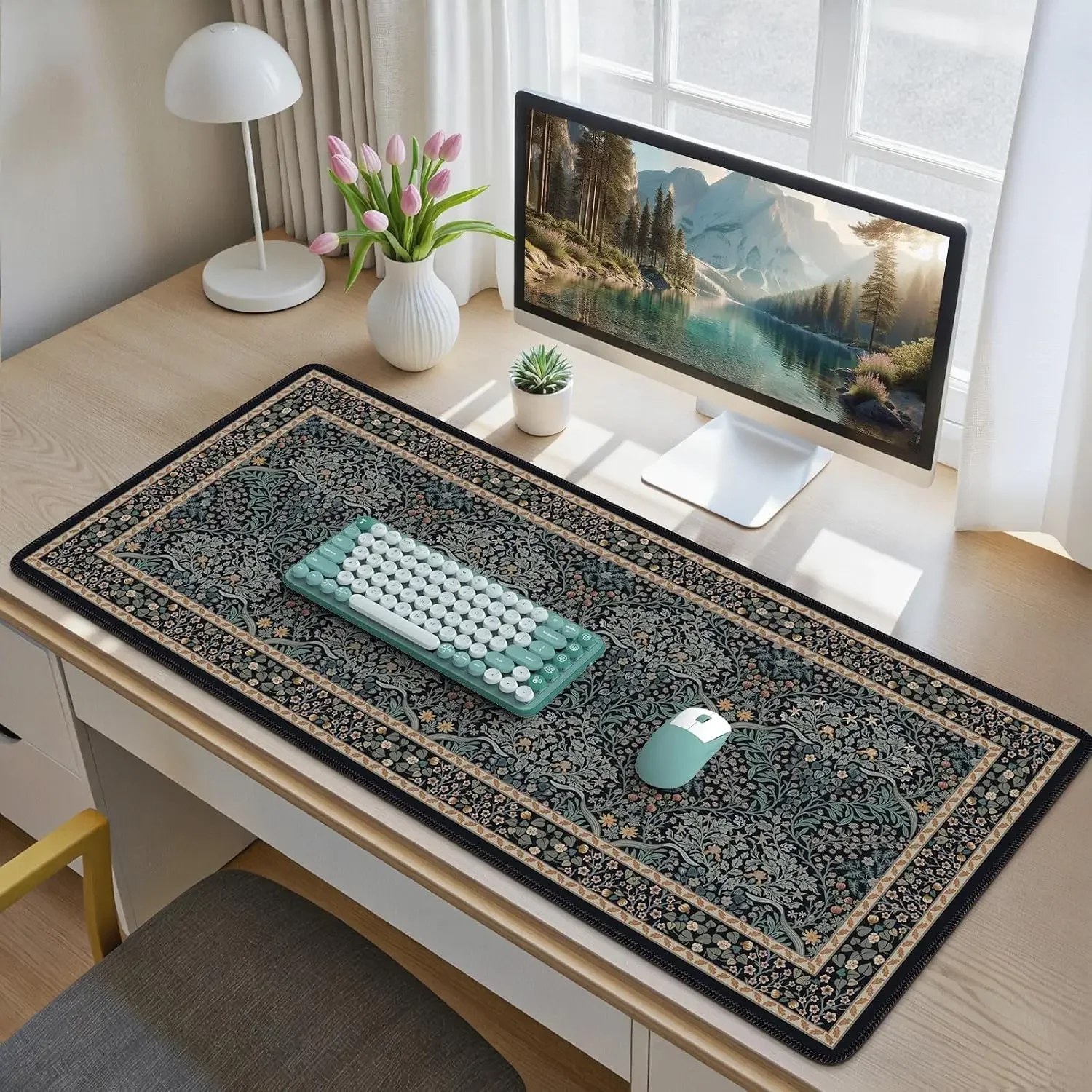 Vintage Border Floral Gaming Mouse Pad, Dark Retro Vine Flower Print Smooth Edge Non Slip Mat for Gamers Office Home Wireless