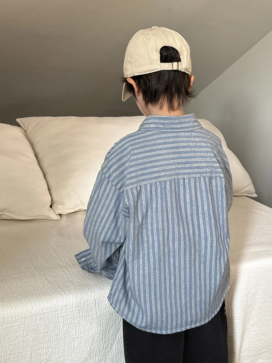 2025 Kids Clothes Blouses Casual Spring And Autumn Children Tops Blue Striped Shirt For Boy Long Sleeve Shirt Boys Cotton Jacket