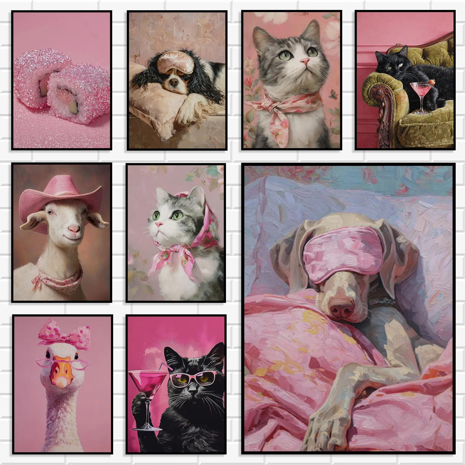 Girly Pink Funny Pet Wall Print Bundle Retro Cute Pastel Pink Animal Art Decor Poster for Teen Girls Apartment Housewarming Gift