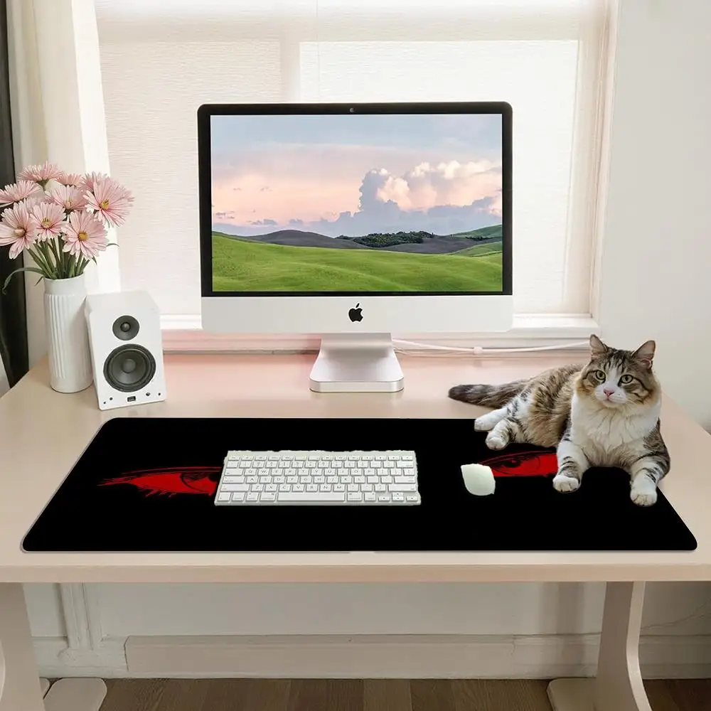 Minimalist Red Anime Eyes Desk Pad Anti-Slip Mousepad Dark Horror Sharp Eye Sketch Black Base desk accessories mouse pad
