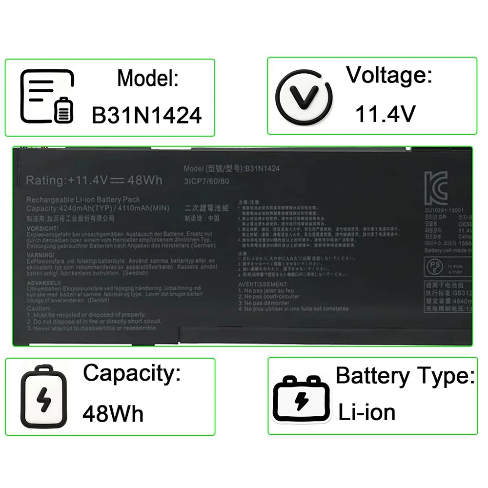 B31N1424  Laptop Battery 11.4V for Asus U4000 K401LB5010 K401LB5200 K401LB5500 A400U A401L K401L K401LB K401U K401UB V405L