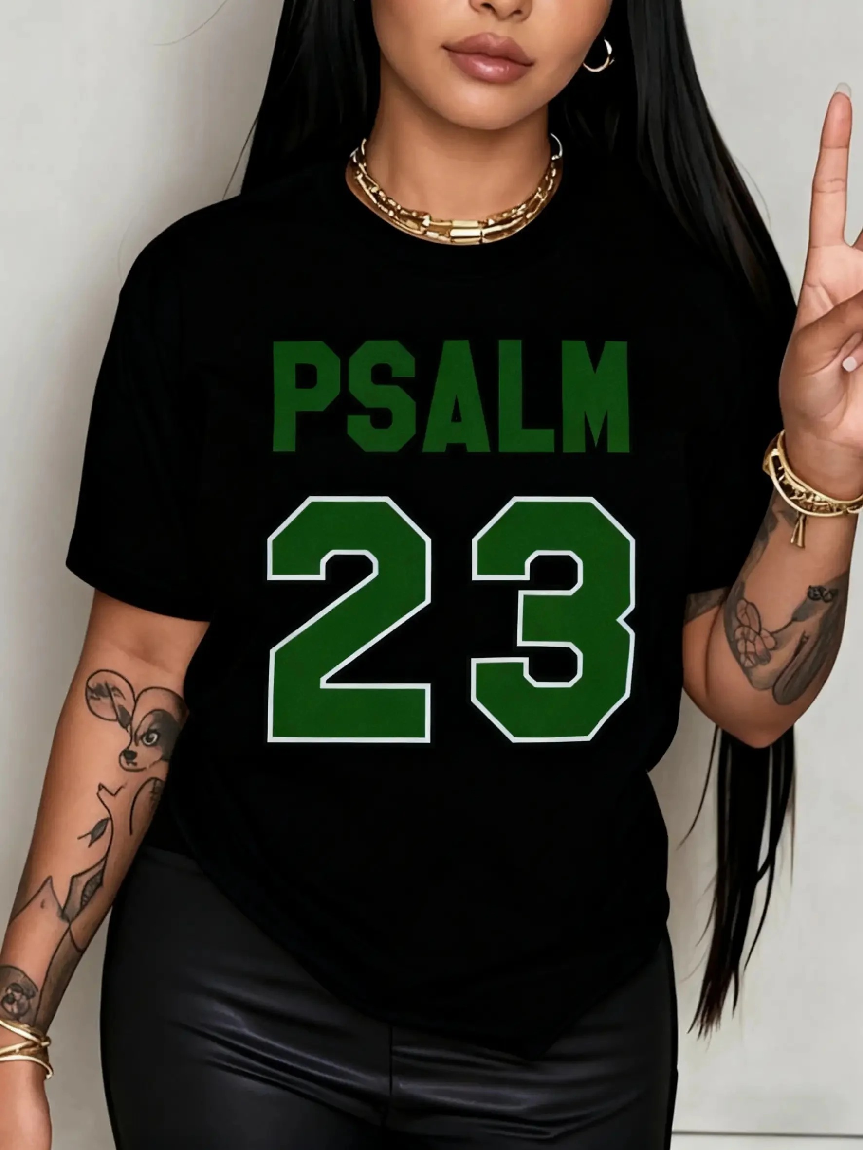 Plus Size, Women's Size Compatible Psalm 23 Bible Verse Christian T-Shirt - White with Green Lettering, Breathable Faith Top Suitable for Church, Prayer & Casual Attire - Machine Washable Summer & Year-Round Casual Wear (US Shipping Sizes)