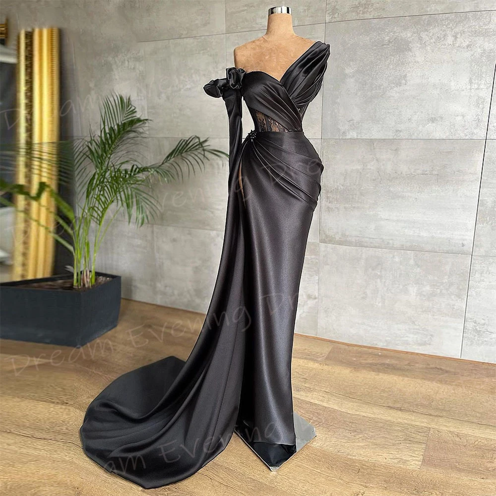 Charming Black Mermaid Modern Women's Evening Dresses One Shoulder Long Sleeve Prom Gowns Formal Party Pleated Vestido De Noche