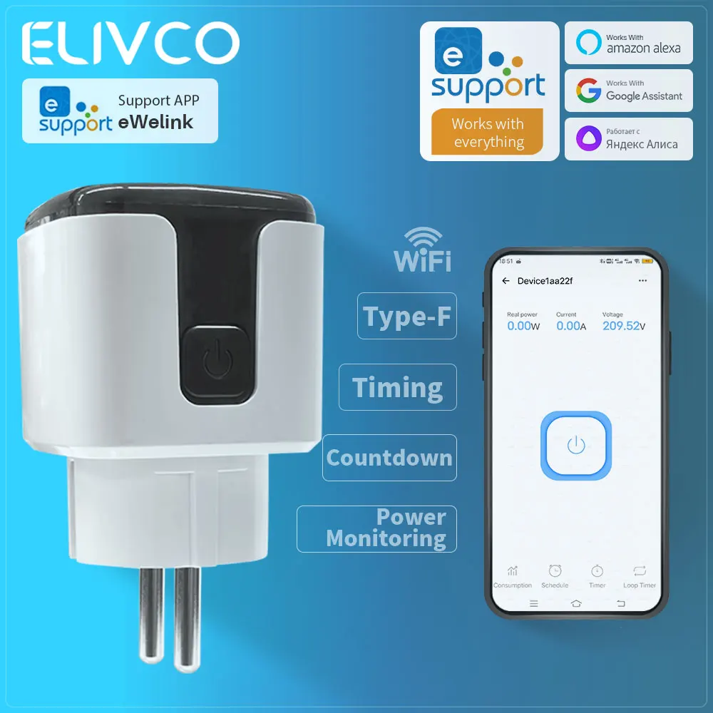 

Умная розетка eWelink WiFi 16A с функцией таймера/счета обратного отсчета/мониторинга энергопотребления, поддерживает Home Assistant/Google Assistant/Alexa