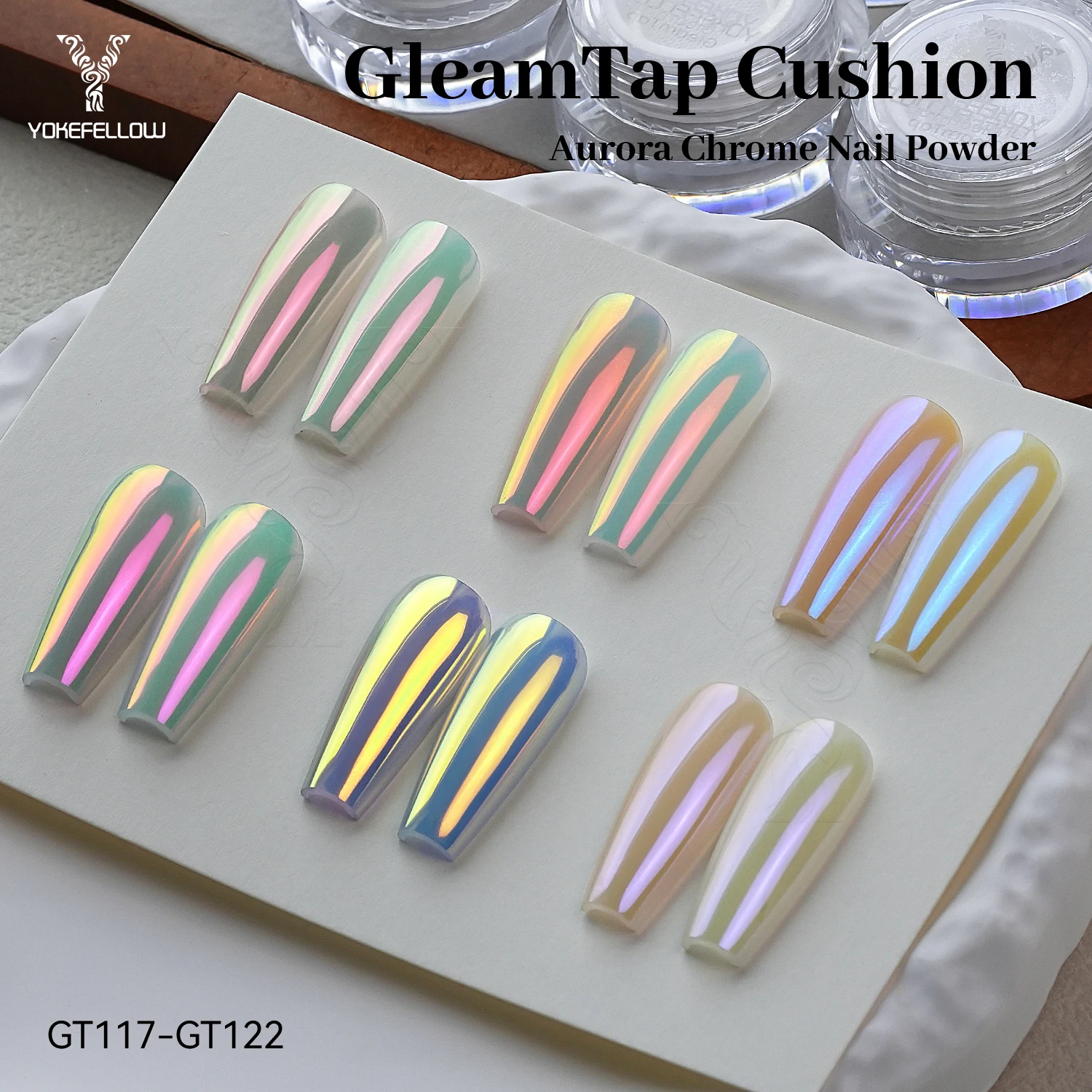 

YOKEFELLOW GleamTap Cushion Aurora Chrome Nail Powder 6 Color Mermaid Aurora Effect Nail Art Glitter Decoration for Home DIY Salon Manicure GT117-GT122