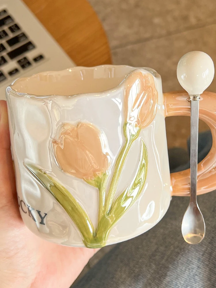 Korean Style Ceramic Mug Spoon Set for Friends Romantic Pearly Tulip Relief Coffee Cup Household Office Irregular Water Cups