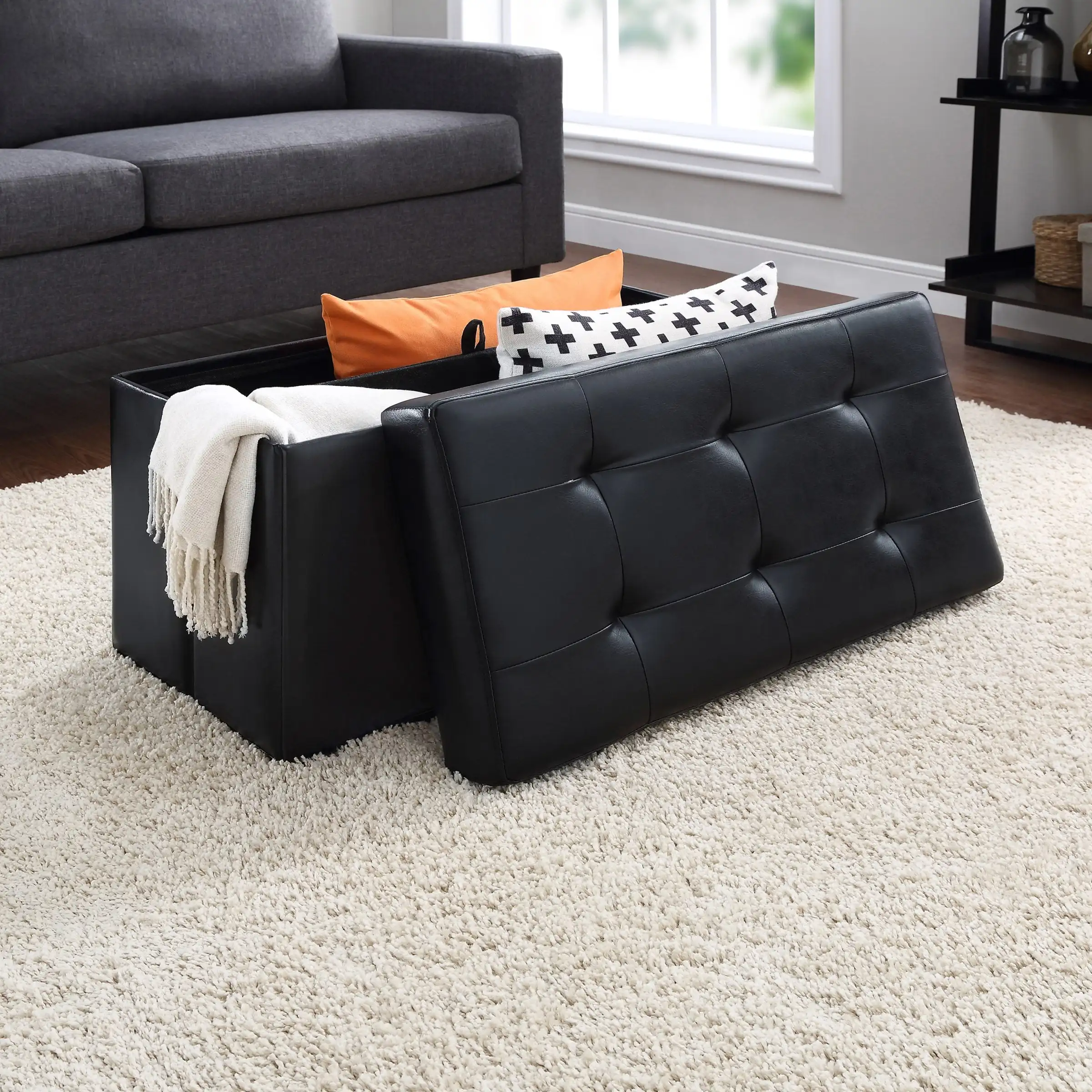 

30-inch Collapsible Storage Ottoman, Quilted Black Faux Leather