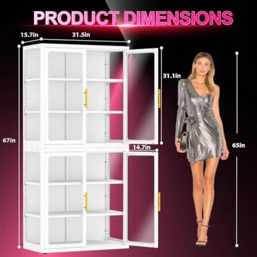 Display cabinet for collectibles, glass doors, white MDF, 4-tier with color-changing LED lights, versatile storage and bookcase