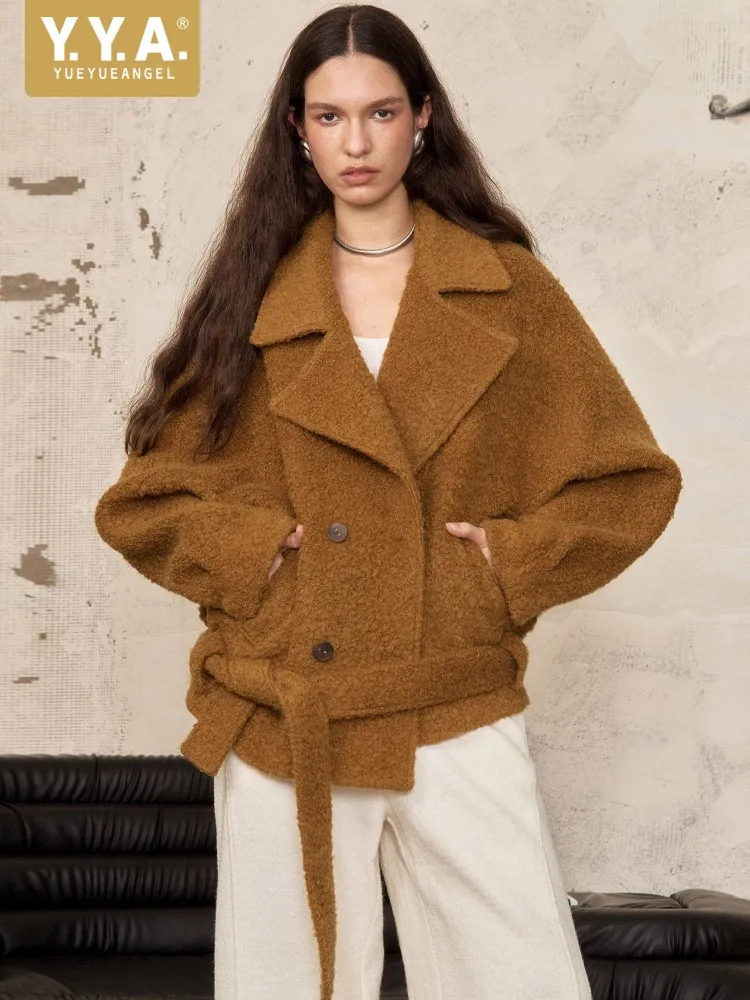 Vintage Women Double Breasted Woolen Coat Solid Color turndown Collar Designer Loose Fit Sashes Autumn Winter New Casual Jacket