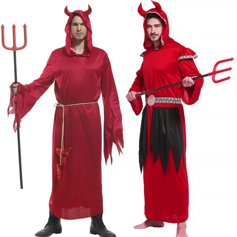 

Halloween Adult Men's Devil Red Robe Devil Play Costume Stage Performance Costume Comes with Fork