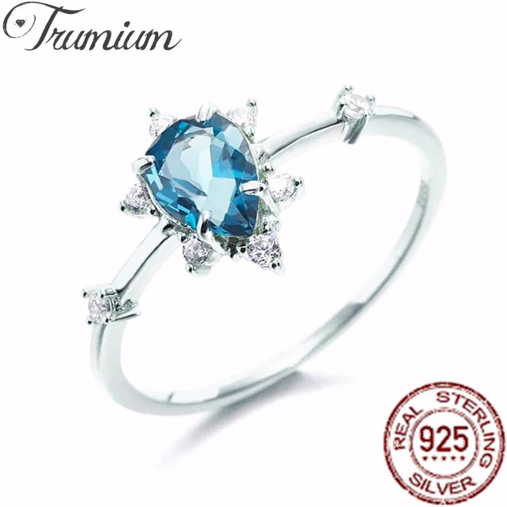 Trumium 925 Sterling Silver Pear Blue Zircon Rings for Women Engagement Wedding Bands Four Claws Design Fine Jewelry