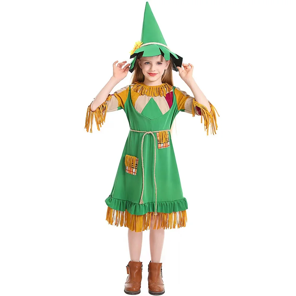 Green Tassel Girls Puppet Scarecrow Cosplay Kids Children Halloween Patch Beggar Costumes Carnival Purim Role Play Party Dress