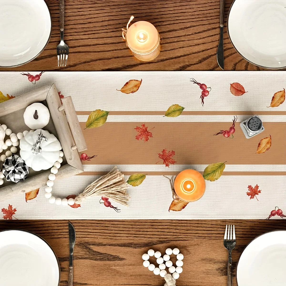 Halloween Table Runner Jack-O'-Lantern and Autumn Leaves Design for Kitchen Dining Party Home Room Decor Festive Tabletop Decor
