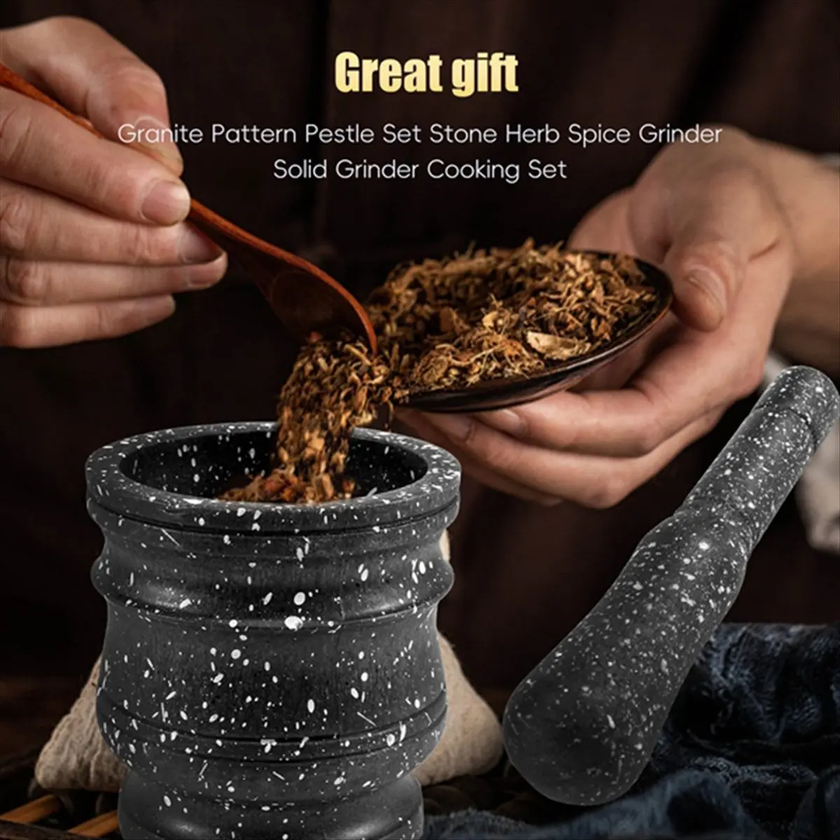 aa49-3点セット-花崗岩模様-乳鉢セット-石製ハーブスパイスグラインダー-ソリッドグラインダー-調理器具セット