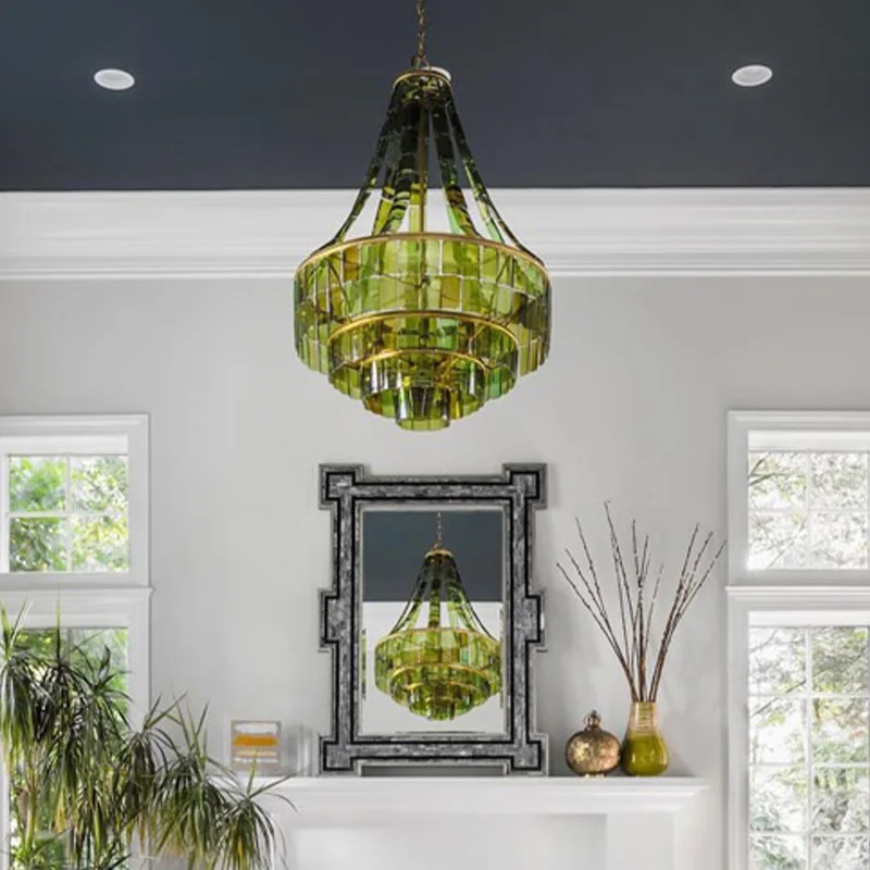 

2025 New French Green & Clear Glass Branch Lustre Chandelier, Dimmable Hardware Pendant Lamp for Restaurant, Light for Ceilings