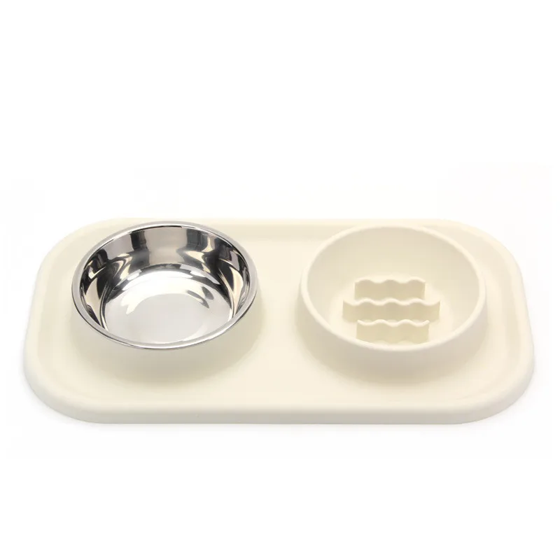 Pet Supplies Silicone Cat Bowl Anti-knockover Slow Food Plate Stainless Steel Small And Medium-sized Dog Bowl Double Bowl