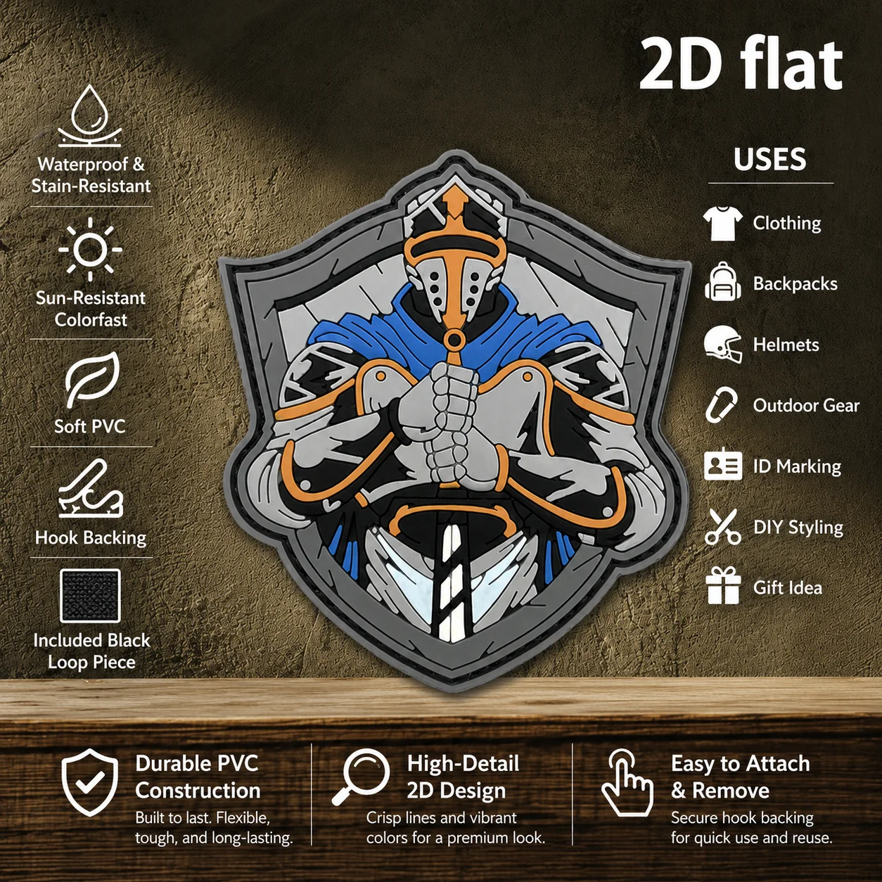 Blue Cape Armor Knight Shield-Shaped Emblem Badge 2D Flat Pvc Material Velcro Patch Free Gift Backing Optional Specifications 1Pc 2Pcs 3Pcs Layered 3D Embossed Edge Trim Not Easy to Come Off Functional Jacket Personalized Decorative Accessory