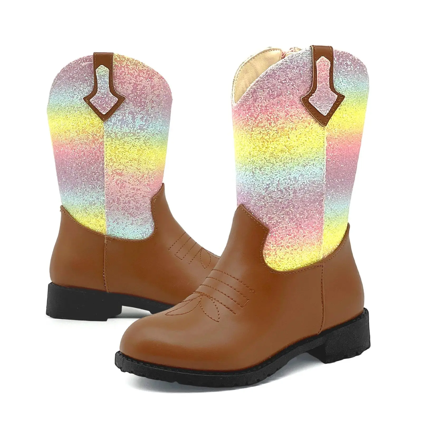 Botas de cowgirl para meninas com glitter, botas de cowboy brilhantes para crianças pequenas, botas de cano médio, sapatos de equitação ocidental para meninas e meninos
