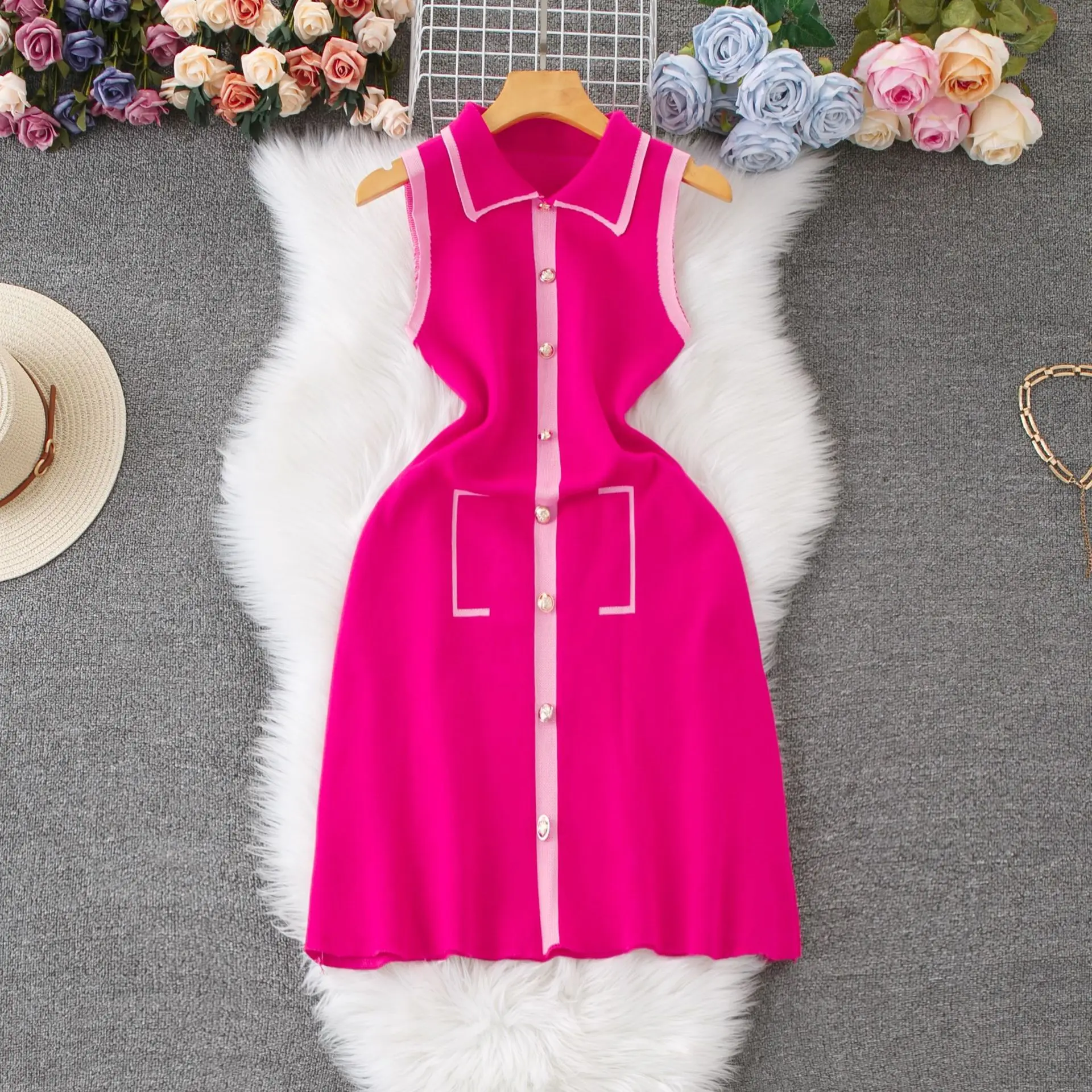 

Mid Length Dress Women Knitted Mini Dresses A Line Vestidos Knit Vest Streetwear Polo Neck Sleeveless Elegant Splice Y2k